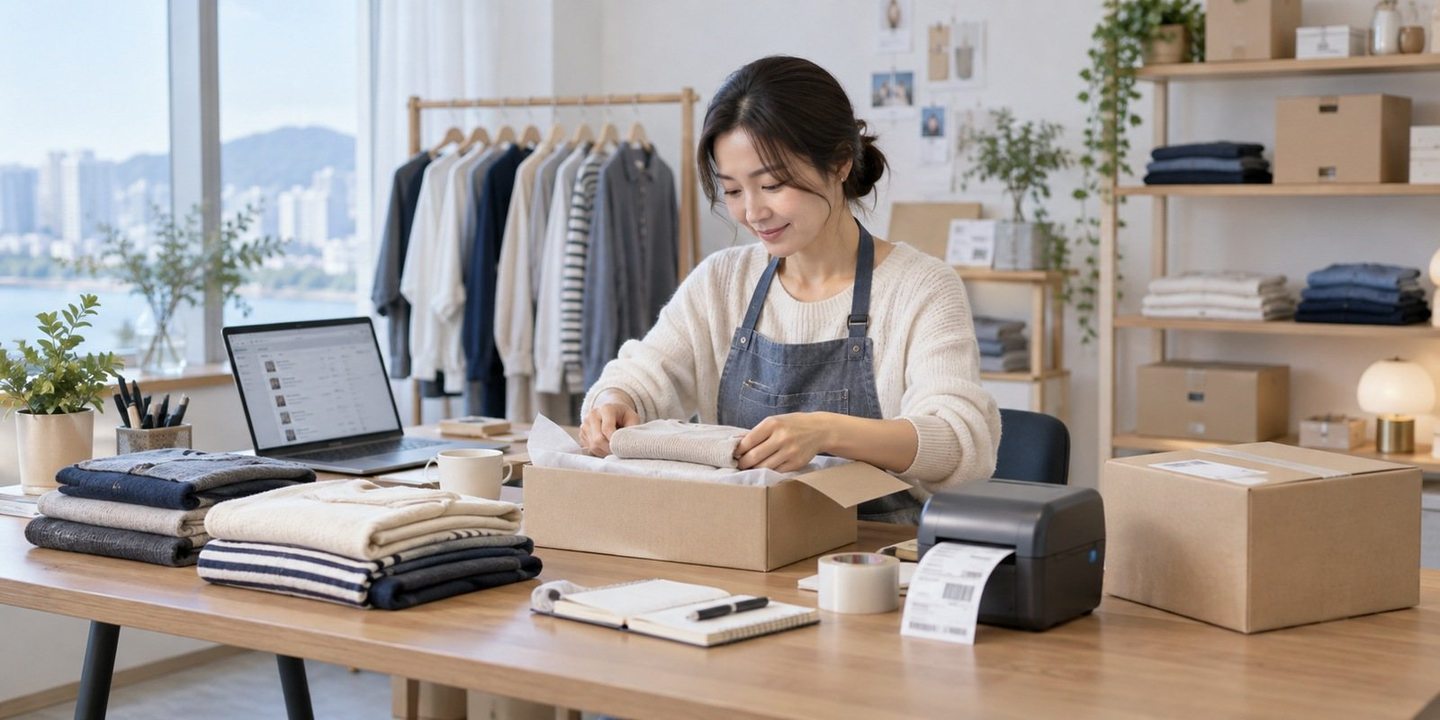 상품 포장 공간에서 노트북으로 업무를 보는 운영자 — 배달대행 PG사 개통 비용개통 비용, 첫 결제 전까지 청구되는 돈이 없어요. 연락 주시면 0원인 칸부터 짚어 드립니다.