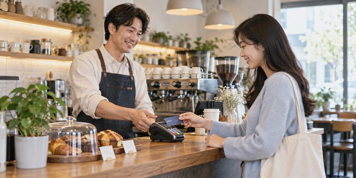 매장 카운터에서 결제 기기를 함께 확인하는 두 사람 — 배달대행 PG사 길에서 받는 결제와 가게 대금, 가입비 0원으로 한 줄에 묶으세요.
