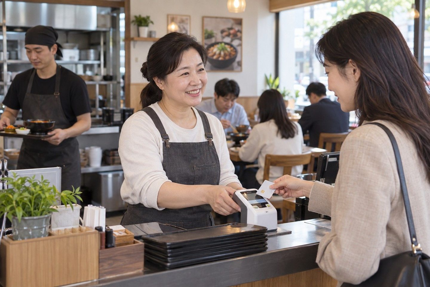 매장 카운터에서 고객에게 결제를 안내하는 여성 — 배달대행 PG사 무선 단말기무선 단말기, 라이더가 현관에서 바로 받습니다. 연락 주시면 대수부터 같이 정해 드립니다.
